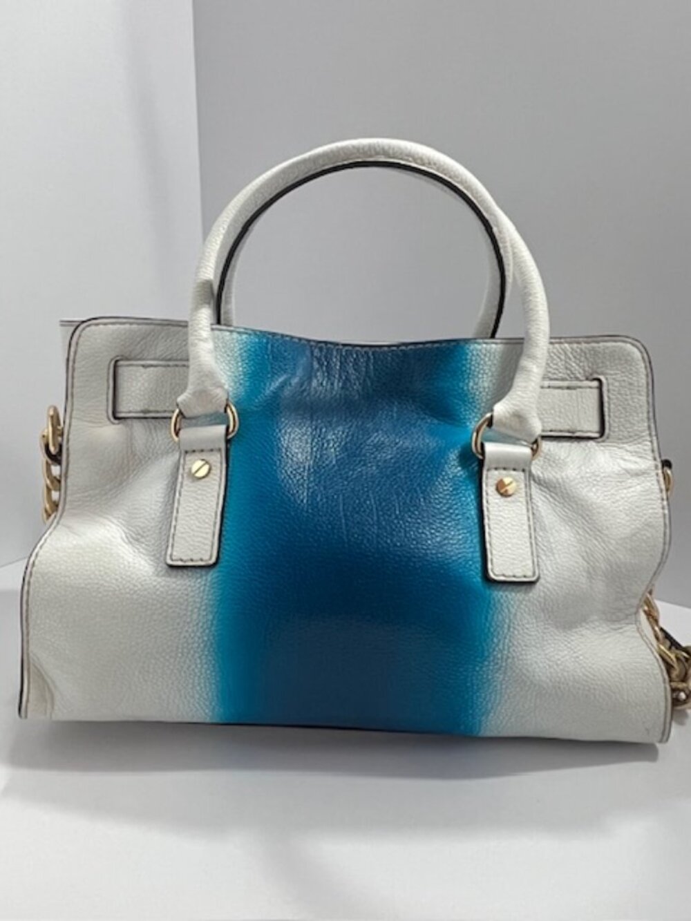 MICHAEL KORS HAMILTON EAST WEST WHITE/BLUE LOCK & KEY LEATHER SATCHEL MEDIUM EUC - Picture 4 of 15